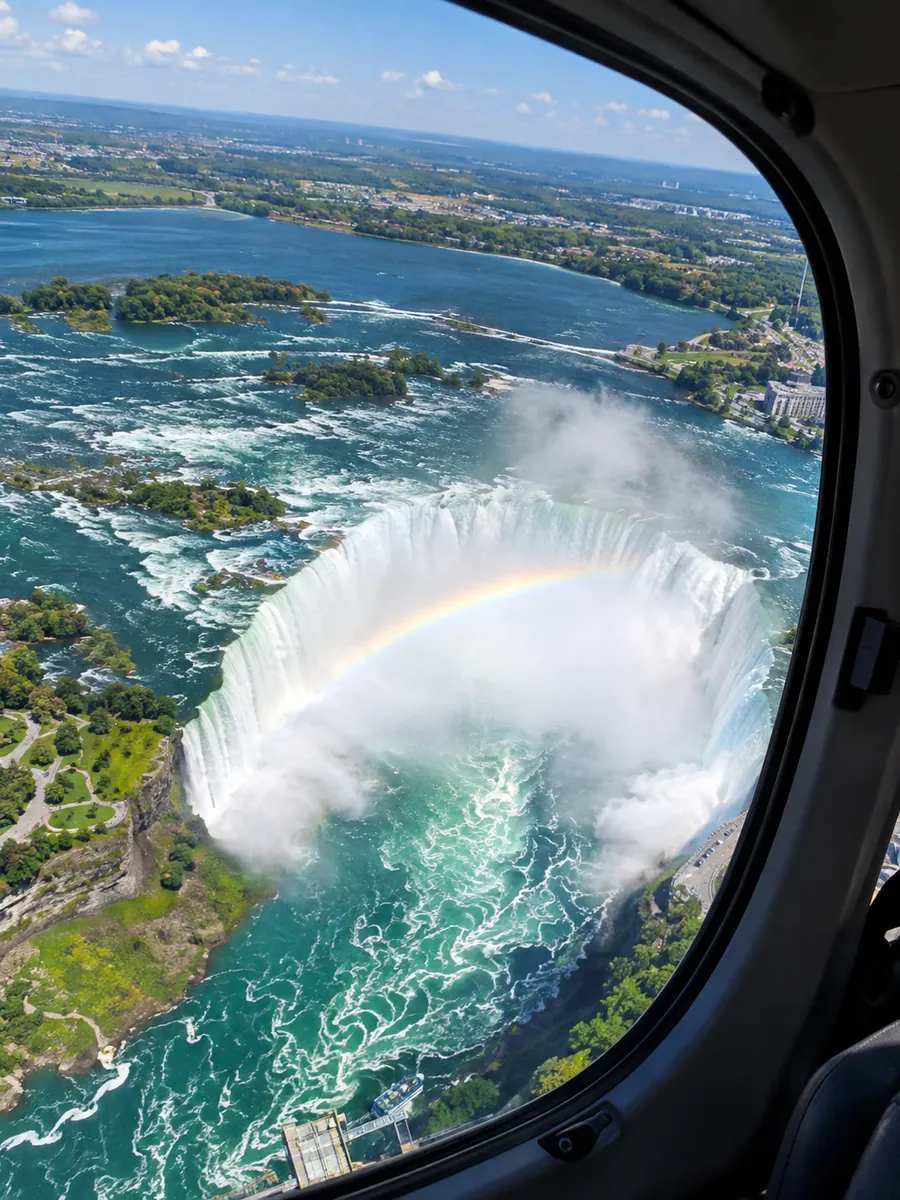 Vue plongeante, à travers la fenêtre d'un hélicoptère, sur les chutes Horseshoe et leurs embruns