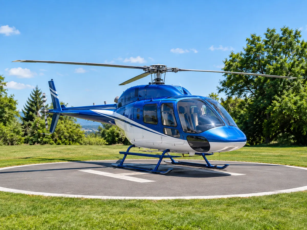 Un hélicoptère touristique bleu et blanc attendant sur une hélisurface par une matinée ensoleillée
